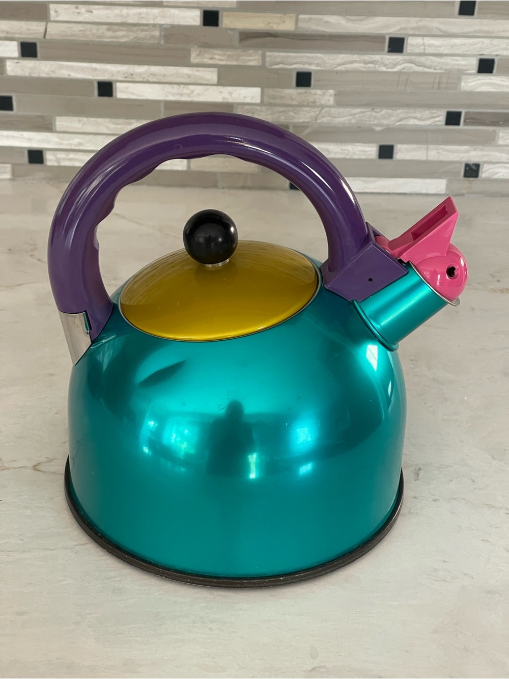 Kitschy 1980's COOK VESSEL JAPAN Whistling Tea Kettle, Teal/Yellow/Purple/Pink